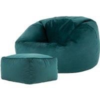 icon Kingston Velvet Bean Bag with Footstool, Teal Green, Large Adult Bean Bag Chair with Filling Included, Accent Chair, Pouffe Footstool, Living Room, Living Room Furniture, Bedroom Furniture