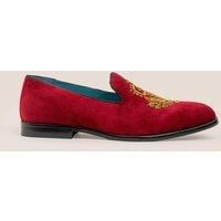 Oswin Hyde Men's Archer Bordo Velvet Embroidered Slipper in Burgundy | Size: 12