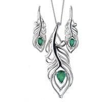 Natural Onyx Green Set Sterling Silver Pendant Earrings Feather Green Gemstone
