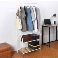 5ft Sturdy Steel White Clothes Rail With Two Shelves Hanging Storage Hooks