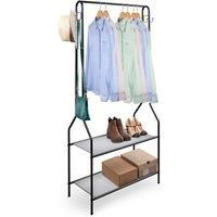Clothes Rack With 2 Shoe Shelves Rail For Coats Jackets 4 Hanging Storage Hooks Black