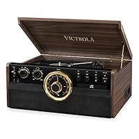 Victrola Empire 6-in-1 Wood Mid Century Bluetooth Record Player with 3-Speed Turntable, CD, Cassette Player and FM Radio, Expresso