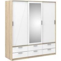 Large Sliding Doors Wardrobe 3 Doors 6 Drawers Oak White High Gloss 181x200x60cm