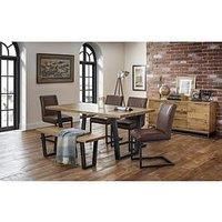 Julian Bowen Industrial Oak Bench Dining Set with 4 Brown Leather Chairs  Brooklyn