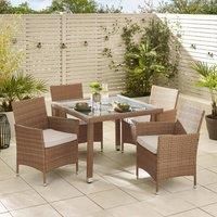 Barbados Rattan Outdoor Garden Dining Set, PE Rattan & Cushions, 4 Chairs 1 Square Glass Top Outdoor Table