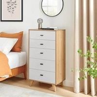 Bisset Off White & Wood Effect Chest of 5 Drawers Scandi Minimalist
