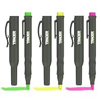 Tracer Highlighter Market Set - Yellow, Green & Pink - 3 Pack. Fluorescent, Non-Toxic, Smudgeproof, Anti Dry-out, Construction Grade