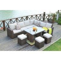 9-Seater Rattan Corner Sofa Dining Set With Glass-Top Table
