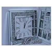 DEENZ Large Square Crushed Jewel Mirror Wall Clock Black Needles Roman Diamante 50Cm Black Hands New Silver Eye Catching Home Décor