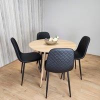 Round Oak Effect Kitchen Table And 4 Black Faux Leather Padded Chairs Dining Set