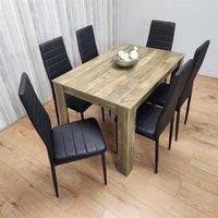 KOSY KOALA Kitchen Dining Set of 6, Dining Table with 6 Black Faux Leather Chairs, Rustic Effect Table and 6 Black Chairs, Dining Room Furniture