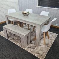 Wooden Dining Table with Stone Grey Effect and 4 White Leather Chairs With Bench