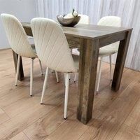 Wooden Dining Table with 4 Cream Gem Patterned Chairs Rusteic Effect Table
