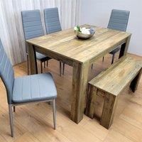 Wooden Rustic Effect Dining Table Set With 4 Grey Leather Chairs and 1 Bench