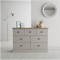 GFW Kendal 4 + 3 Chest Grey, Large Wood Storage Furniture Drawer Unit for Bedroom, Hallway & Living Room, Oak, H-75.7cm x W-112.9cm x D-38.9cm