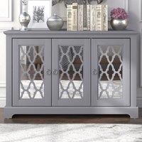 GFW Honiton Narrow Mirrored Sideboard Cabinet Unit & 3 Storage Cupboards, Living, Dining Room, Office, Natural Wood Grain Hallway Furniture Cool Grey Finish, D39.8 x H74.4 x W116.1cm