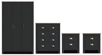 Lancaster 4pc Bedroom Set Black Bedside Cab Chest Of Drawers 3 door Wardrobe