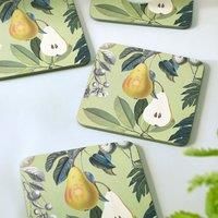 Kew Gardens Fruit and Floral Coasters - MDF Non-Slip Kitchen Protector Dining Decor Botanical - 11.5 x 11.5cm - Green - Pack of 4