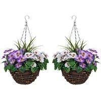 GreenBrokers Artificial Hanging Baskets with Purple and White Flowers and Decorative Grasses (Set of 2)