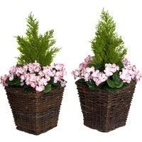 GreenBrokers 2 x Artificial Pink Faux Silk Geranium Rattan Patio Planters with Conifer Topiary ideal for Home, Patio, Garden Outdoor Living 60cm/24in