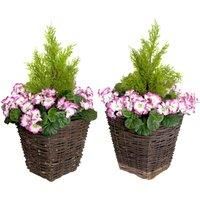 GreenBrokers 2 x Artificial Purple Faux Silk Geranium Rattan Patio Planters with Conifer Topiary ideal for Home, Patio, Garden Outdoor Living 60cm/24in