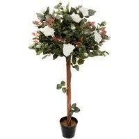 GreenBrokers Artificial Faux Silk White Rose Tree 30 Flowers in Black Pot for Indoor Outdoor Decor, UV Stable (120cm/4ft)