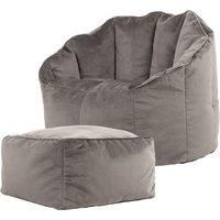 icon Sirena Velvet Bean Bag Accent Chair and Footstool, Charcoal Grey, Scallop Chair Bean Bags for Adult with Filling Included, Velvet Adults Beanbag, Living Room Furniture Bean Bag Chairs
