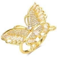 Gold Butterfly With Crystals Open Ring - Silver