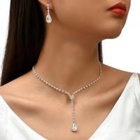 Crystal Tear Drop Necklace&Earrings Set - Silver