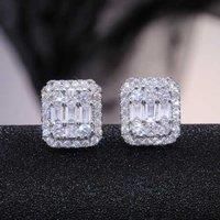 Crystal Filled Square Zircon Earrings - White Gold