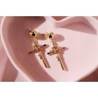 Rose Gold Tone Rose Cross Drop Earrings