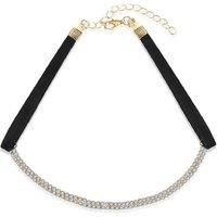 Gold Tone Crystal Black Ribbon Necklace