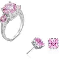 3 Stone Crystal Ring And Earrings Set - Silver