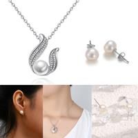 Crystal Pearl Pendant And Earrings Set - Silver