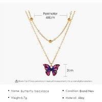 Double Row Butterfly Pendant Necklace - Yellow