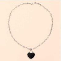 Heart Black Enamel Silver Tone Necklace