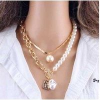 Gold Pearl Chunky Chain Choker Necklace - Silver