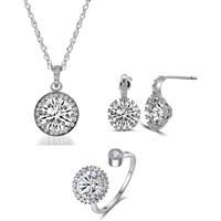 Crystal Necklace Earrings Ring Tri-Set - Silver