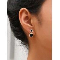 Gold Tone Square Black Drop Earrings