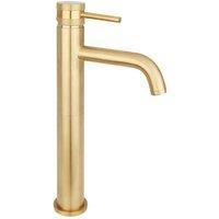 Modern Mono High Rise Tall Basin Sink Mixer Tap Curved Spout Lever Brushed Brass