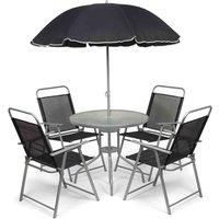 SA Products 4-Seat Garden Bistro Furniture Set - Four Steel & Textilene Chairs - Tempered Glass Round Table with Parasol Umbrella for Al Fresco or Outdoor Dining - For Patio, Backyard, Poolside, Lawn