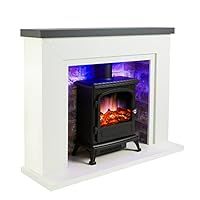 Endeavour Fires Farlington Electric Fireplace, Black Log Burner Stove in 48’’ Off White Surround, LED Downlights with Remote Control (Grey Top/Rustic Brick)