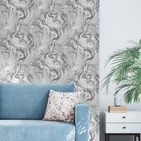 Skinny Dip London Liquid Marble Effect Wallpaper Silver Grey Metallic