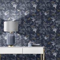 Muriva Lipsy Himara Geometric Wallpaper Metallic Birds Flowers Blue/Gold 144070