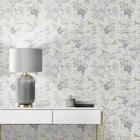 Muriva Lipsy Himara Geometric Wallpaper Metallic Birds Flowers Grey/Gold 144072