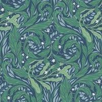 Muriva Vale Leaf Scroll Textured Metallic Ink Wallpaper Leaves Green/Blue 221501