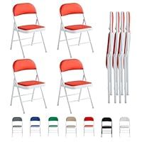 mcc direct Set of 4 Folding Chairs, Faux Leather Foldable Chairs with Metal Frame and Padded Seat, Easy to Fold and Store for Home, Office, Dining and Reception (Red)