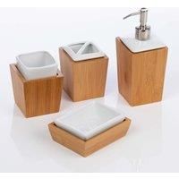 Homiu Bath Set Bamboo and Porcelain, 4 Piece Soap Dish, Toothbrush Holder, Tumbler, Liquid Soap/ Lotion Dispenser, Bathroom Accessories Modern Design, White