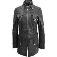 Womens Real Leather Coat Mid Length Dual Zip Fastening Funnel Neck Kendall Black