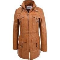 Womens Real Leather Coat Mid Length Dual Zip Fastening Funnel Neck Kendall Tan